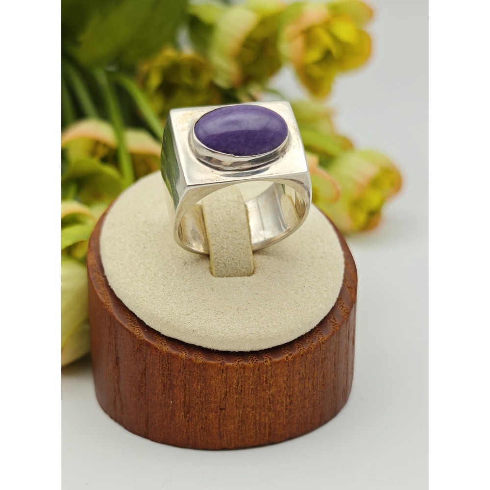Modernist Charoite Sterling Silver Signet Ring Women Size 9 Purple MCM Statement